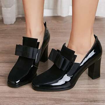 Women's Block High Heel Pumps Patent Leather Black Bowknot Slip On Round Toe Fashion Concise Casual Office Shoes(Black,Size9)