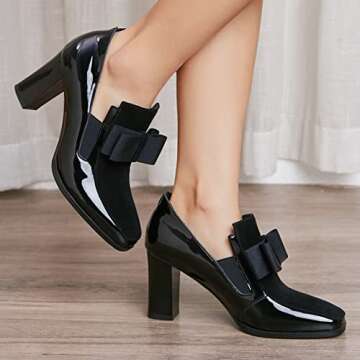 Women's Block High Heel Pumps Patent Leather Black Bowknot Slip On Round Toe Fashion Concise Casual Office Shoes(Black,Size9)