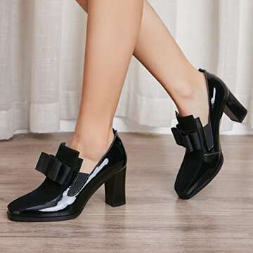 Women's Block High Heel Pumps Patent Leather Black Bowknot Slip On Round Toe Fashion Concise Casual Office Shoes(Black,Size9)