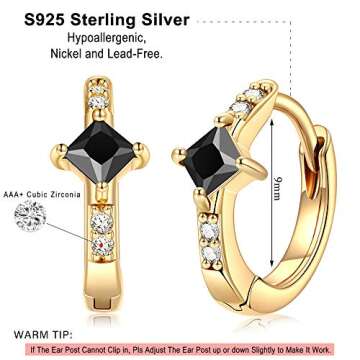 Dainty Black CZ Huggie Hoop Earrings, S925 Sterling Silver Post 14K Gold Plated Small Huggie Hoop Earrings Black Cubic Zirconia Huggie Hoop Earrings for Women Huggie Earrings