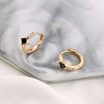Dainty Black CZ Huggie Hoop Earrings, S925 Sterling Silver Post 14K Gold Plated Small Huggie Hoop Earrings Black Cubic Zirconia Huggie Hoop Earrings for Women Huggie Earrings