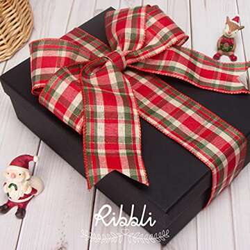 Ribbli 4 Rolls Christmas Wired Ribbon,Natural and Red Burlap Christmas Plaid Wired Ribbon,2 Inch Tot...