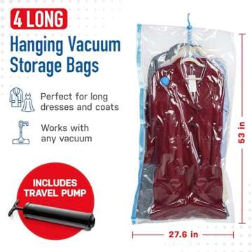 Spacesaver Hanging Vacuum Storage Bags (Hanging 4 Pack) - Vacuum Sealer Bags, Closet Organizer, Sealed Storage, Space Bag - Blanket, Bedding, Garment, Clothing, Dress, Suit, Long Coat, Jacket