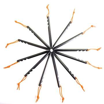 Aluminum Alloy Tent Stakes Pegs, 12-Pack Aluminum Ground Pegs with Reflective Pull Ropes, Lightweight Metal Stakes Pegs for Camping Tents Hammocks (Black)