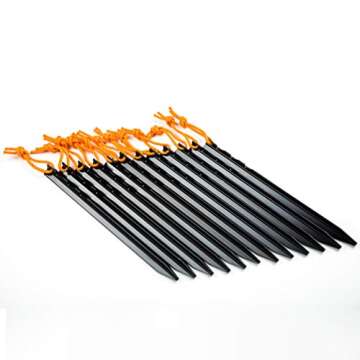 Aluminum Alloy Tent Stakes Pegs, 12-Pack Aluminum Ground Pegs with Reflective Pull Ropes, Lightweight Metal Stakes Pegs for Camping Tents Hammocks (Black)