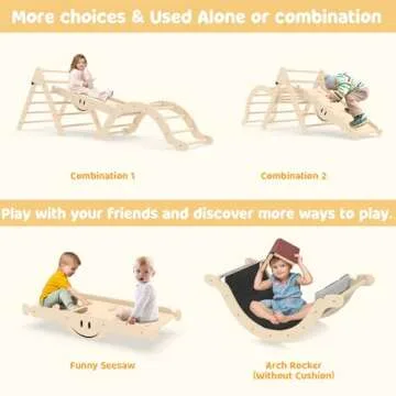 BIERUM 8 in 1 Montessori Pikler Triangle Set with Seesaw Design, Foldable Toddler Climbing Toys with Ramp for Sliding or Climbing, Wooden Jungle Gym, Indoor Playground for Toddlers and Kids, Natural