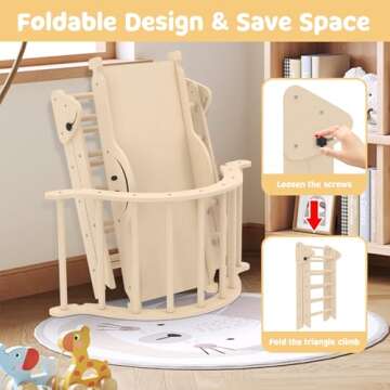 BIERUM 8 in 1 Montessori Pikler Triangle Set with Seesaw Design, Foldable Toddler Climbing Toys with Ramp for Sliding or Climbing, Wooden Jungle Gym, Indoor Playground for Toddlers and Kids, Natural