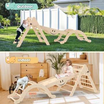 BIERUM 8 in 1 Montessori Pikler Triangle Set with Seesaw Design, Foldable Toddler Climbing Toys with Ramp for Sliding or Climbing, Wooden Jungle Gym, Indoor Playground for Toddlers and Kids, Natural