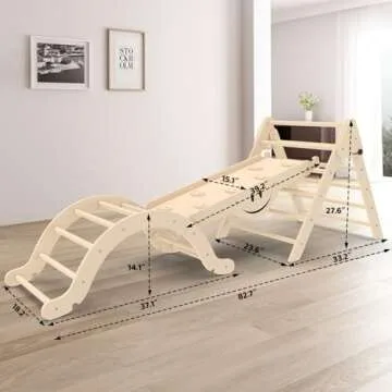 BIERUM 8 in 1 Montessori Pikler Triangle Set with Seesaw Design, Foldable Toddler Climbing Toys with Ramp for Sliding or Climbing, Wooden Jungle Gym, Indoor Playground for Toddlers and Kids, Natural
