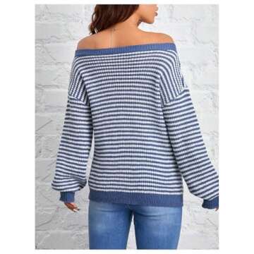 MakeMeChic Off The Shoulder Striped Sweater Long Sleeve Fall Sweaters for Women 2024 Blue Petite-M