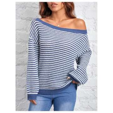 MakeMeChic Off The Shoulder Striped Sweater Long Sleeve Fall Sweaters for Women 2024 Blue Petite-M
