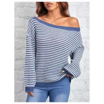 MakeMeChic Off The Shoulder Striped Sweater Long Sleeve Fall Sweaters for Women 2024 Blue Petite-M