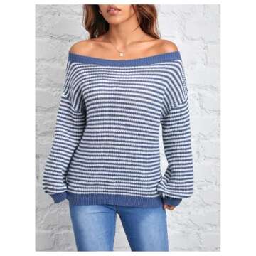 MakeMeChic Off The Shoulder Striped Sweater Long Sleeve Fall Sweaters for Women 2024 Blue Petite-M