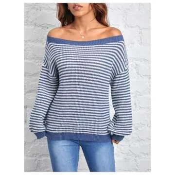 MakeMeChic Off The Shoulder Striped Sweater Long Sleeve Fall Sweaters for Women 2024 Blue Petite-M