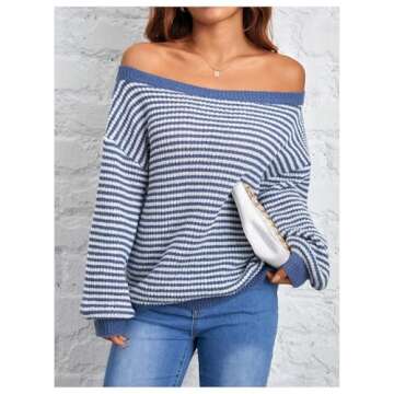MakeMeChic Off The Shoulder Striped Sweater Long Sleeve Fall Sweaters for Women 2024 Blue Petite-M