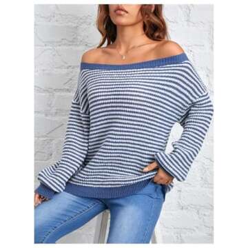 MakeMeChic Off The Shoulder Striped Sweater Long Sleeve Fall Sweaters for Women 2024 Blue Petite-M
