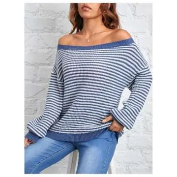 MakeMeChic Off The Shoulder Striped Sweater Long Sleeve Fall Sweaters for Women 2024 Blue Petite-M