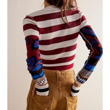 DURUNUL Striped Sweater Women Color Block Sweaters for Womens Fall Fashion 2024 Slim Fit Long Sleeve Crew Neck Shirts