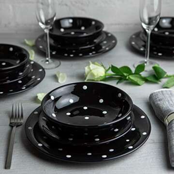 Handmade Black and White Polka Dot Ceramic 12 piece Dinnerware Set | Pottery Tableware Service for 4...