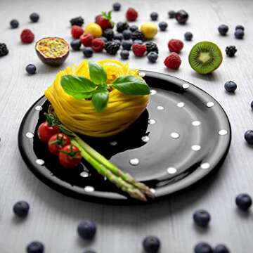 Handmade Black and White Polka Dot Ceramic 12 piece Dinnerware Set | Pottery Tableware Service for 4 | Dinner Plates | Side Plates | Bowls | Housewarming Gift by City to Cottage®