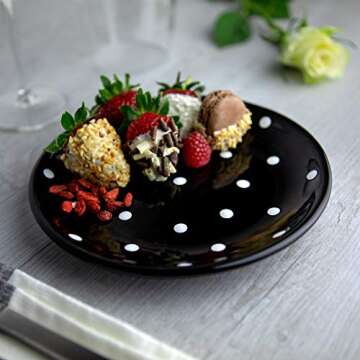 Handmade Black and White Polka Dot Ceramic 12 piece Dinnerware Set | Pottery Tableware Service for 4 | Dinner Plates | Side Plates | Bowls | Housewarming Gift by City to Cottage®