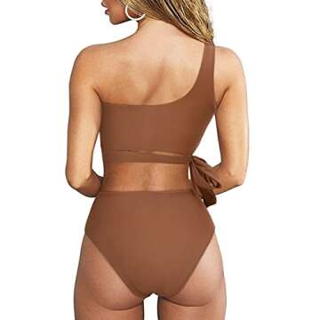 MOOSLOVER Women One Shoulder High Waisted Bikini Tie High Cut Two Piece Swimsuits(L,Coffee)