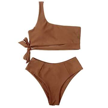 MOOSLOVER Women One Shoulder High Waisted Bikini Tie High Cut Two Piece Swimsuits(L,Coffee)