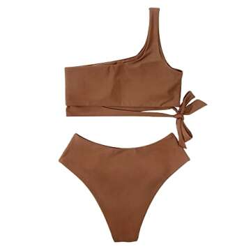 MOOSLOVER Women One Shoulder High Waisted Bikini Tie High Cut Two Piece Swimsuits(L,Coffee)