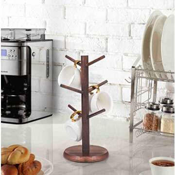 Dorhors Coffee Mug Holder,Coffee Mug Tree,Coffee Organizer Station with 6 Hooks,Wood Coffee Mug Hold...