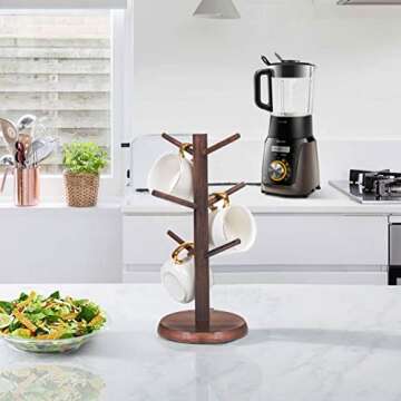 Dorhors Coffee Mug Holder,Coffee Mug Tree,Coffee Organizer Station with 6 Hooks,Wood Coffee Mug Holders for Counter,Coffee Bar Accessories and Decor (Walnut)