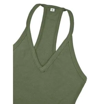 iGENJUN Women Workout Tops Racerback Tank Tops Basic Cute Summer 2024 V Neck Going Out Slim Fit Yoga Gym Ribbed Sleeveless Shirts Clothes Fashion,L,Dark Olive Green
