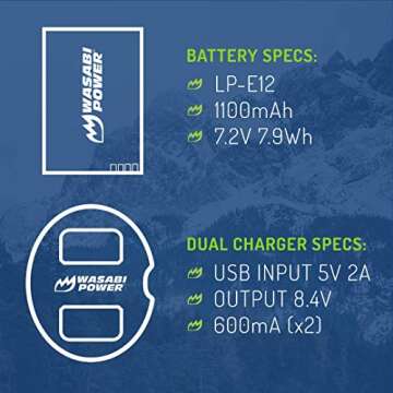 Wasabi Power LP-E12 Battery (2-Pack) and Dual USB Charger for Canon EOS M, EOS M10, EOS M50, EOS M50 MII, EOS M100, EOS M200, EOS Rebel SL1 (EOS 100D), PowerShot SX70 HS