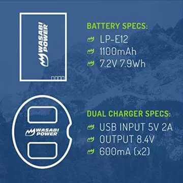 Wasabi Power LP-E12 Battery (2-Pack) and Dual USB Charger for Canon EOS M, EOS M10, EOS M50, EOS M50 MII, EOS M100, EOS M200, EOS Rebel SL1 (EOS 100D), PowerShot SX70 HS