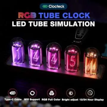 ClocTeck Nixie Tube Clock with Wi-Fi SYNC, Alarm & Timer, 12/24H Display, No Assembly Required - A Retro Gift for Friends (Wood Grain)