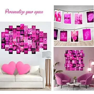 WOONKIT Pink Wall Collage Kit, Pink Neon, Hot Pink Room Decor, Bedroom Decor for Teen Girls, Pink Room Decor Aesthetic, Pink Poster, Hot Girl Poster, Hot Pink, Pink Wall Collage 50pcs 4x6 Inch
