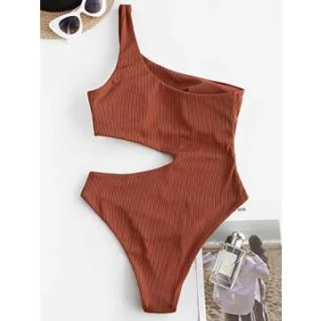 ZAFUL One Shoulder Bikini Contrast Color Patchwork Cutout Ribbed Two Tone One Piece Swimsuits