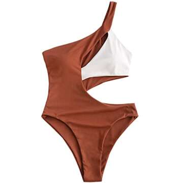 ZAFUL One Shoulder Bikini Contrast Color Patchwork Cutout Ribbed Two Tone One Piece Swimsuits