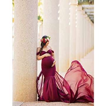 OJQ Maternity Off Shoulder Chiffon Gown for Photoshoot Maxi Photography Dress for Photo Props Dress Burgundy