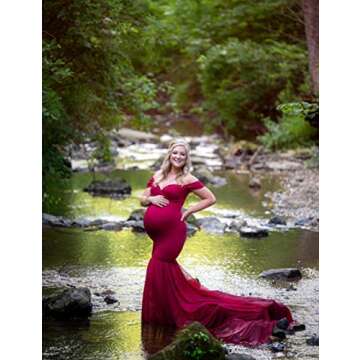 OJQ Maternity Off Shoulder Chiffon Gown for Photoshoot Maxi Photography Dress for Photo Props Dress Burgundy