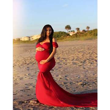 OJQ Maternity Off Shoulder Chiffon Gown for Photoshoot Maxi Photography Dress for Photo Props Dress Burgundy