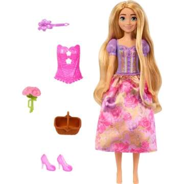 Mattel Disney Princess Rapunzel Fashion Doll Set, Spin & Reveal with 11 Surprises Including 5 Accessories, 5 Stickers & Play Scene, Inspired by Movie