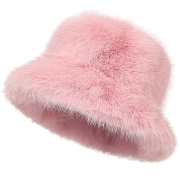 LA CARRIE Women's Fuzzy Wide Brim Faux Fur Bucket Hat Winter Warmer Fisherman Cap (Pink)