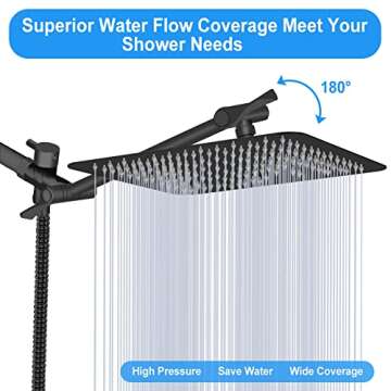 Shower Head, Kaqinu 8'' High Pressure Rainfall Shower Head/Handheld Showerhead Combo with 11” Extension Arm, Anti-leak Shower Head with Holder/Hose, Flow Regulator - Matt Black