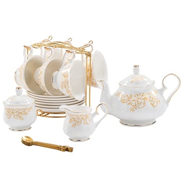Daveinmic 22-Piece Porcelain Tea Set with Golden Rack - Elegant British Style