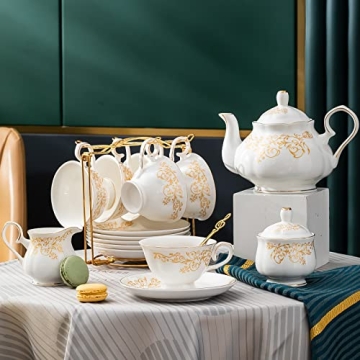 Daveinmic 22-Piece Porcelain Tea Set with Golden Rack