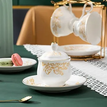 Daveinmic 22-Piece Porcelain Tea Set with Golden Rack