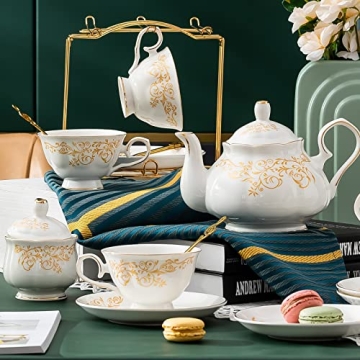 Daveinmic 22-Piece Porcelain Tea Set with Golden Rack