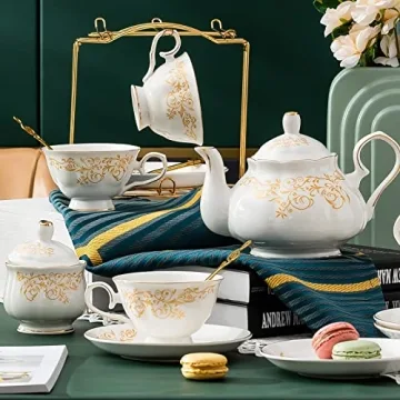 Daveinmic 22-Piece Porcelain Tea Set with Golden Rack