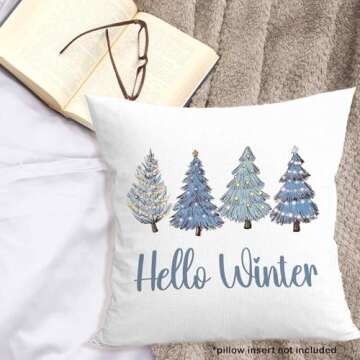 MONALET Blue Winter Christmas Trees Throw Pillow Covers 18x18, Hello Winter Home Decor Pillow Cases for Bedroom Living Room, Winter Christmas Decorative Square Pillowcases for Couch Bed Sofa