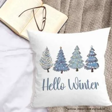 MONALET Blue Winter Christmas Trees Throw Pillow Covers 18x18, Hello Winter Home Decor Pillow Cases for Bedroom Living Room, Winter Christmas Decorative Square Pillowcases for Couch Bed Sofa